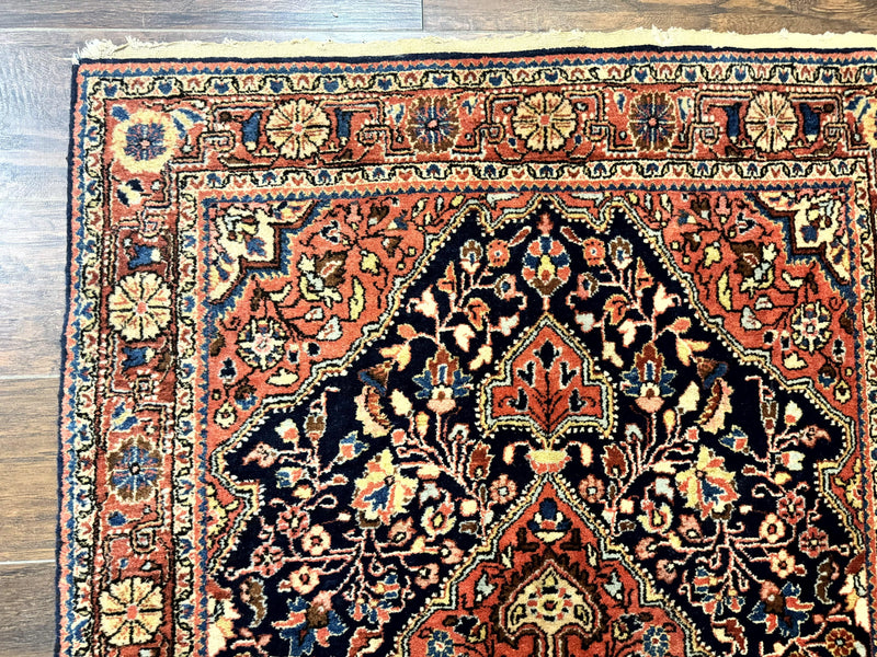 Persian Sarouk Rug 3.6 x 5, Medallion Rug, Red and Midnight Blue, Handmade Semi Antique Vintage Wool Carpet by Jewel Rugs