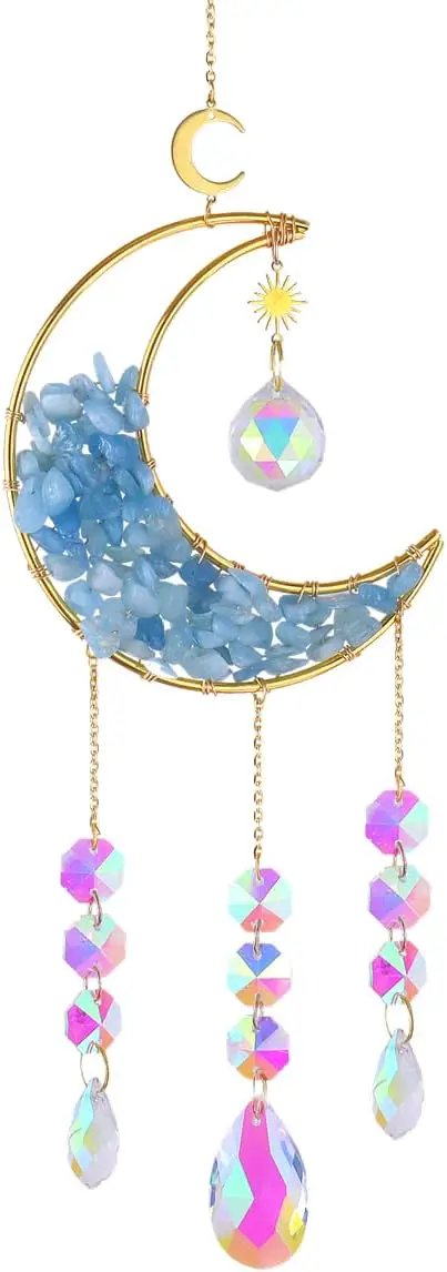 Crystal Suncatcher Hanging Moon Sun Light Catcher with Glass Prisms for Window Natural Kyanite Crystal Decor Home Indoor Making Rainbows by GreenHaven Gardens
