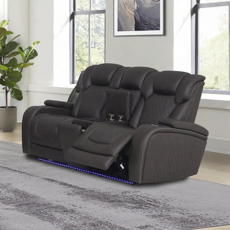 Wendell - Power Motion Loveseat With Console, Wireless Charger, Storage, USB & LED - Dark Gray by Unique Piece Furniture