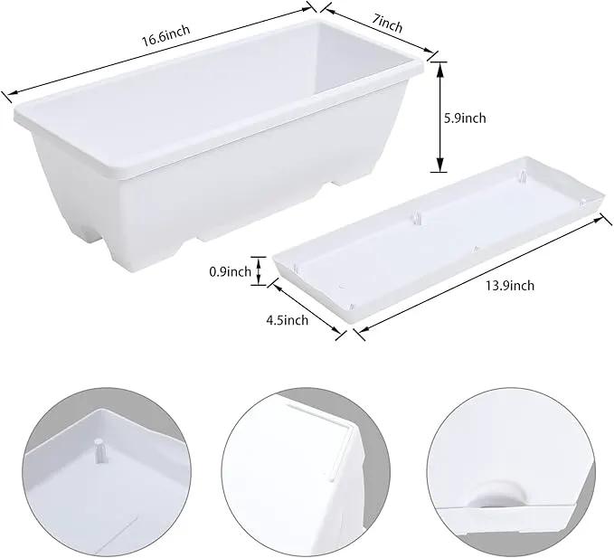 Window Box Planter, 7 Pack Plastic Vegetable Flower Planters Boxes 17 Inches Rectangular Flower Pots with Saucers for Indoor Outdoor Garden, Patio, Home Decor (White) by GreenHaven Gardens