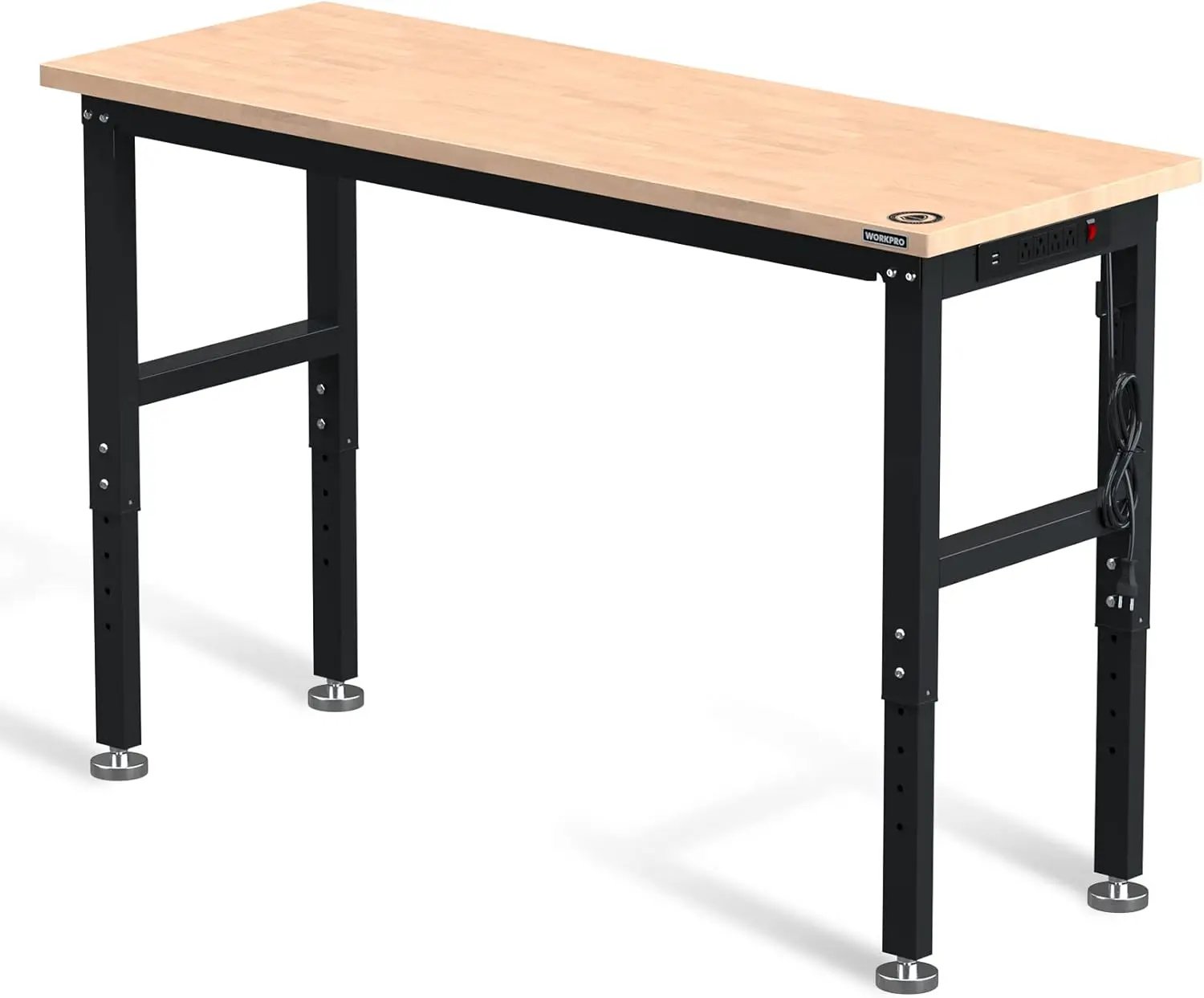 WORKPRO 60" Adjustable Workbench, Rubber Wood Top Heavy-Duty Workstation, 2000 LBS Load Capacity Hardwood Worktable with Power Outlets, for Workshop, Garage by GreenHaven Gardens