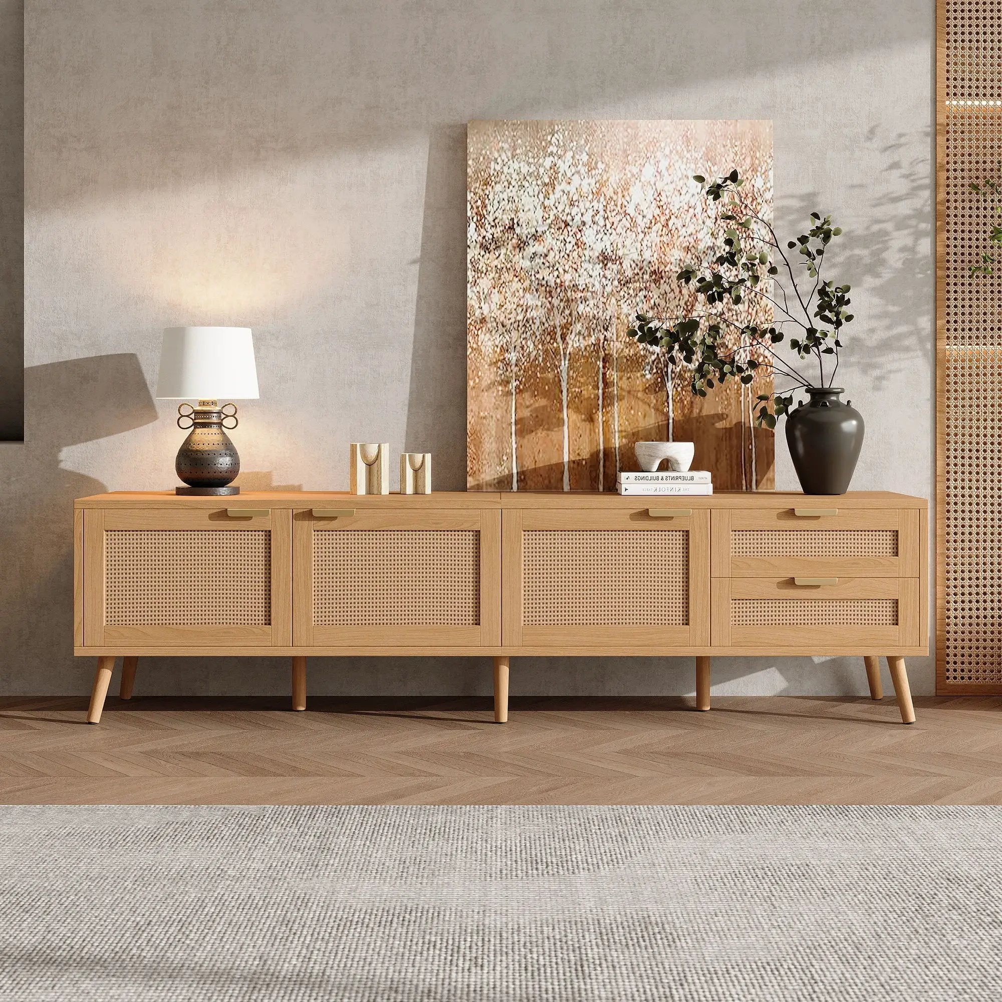 TV Stand, Media Console, 2 Drawers & Cable Management - Natural Wood by Unique Piece Furniture