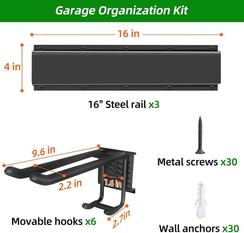Garage Tool Organizer Wall Mount with 48 inches Rails and 6 Double-layer Hooks, Garden Tool Rack Heavy Duty, Garage Hanging Storage Rack For Yard Tools, Shovel, Shed by GreenHaven Gardens