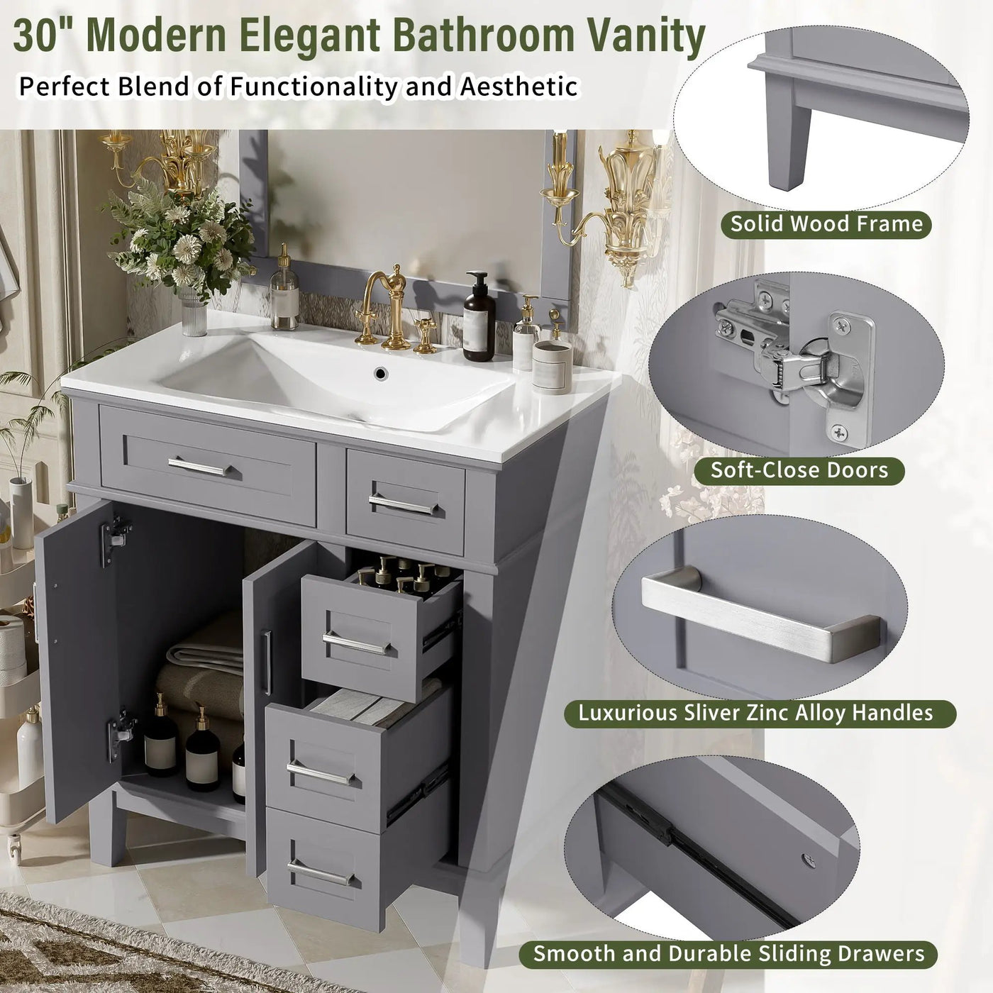 Modern Bathroom Vanity With Sink, Storage Cabinet, Soft Close Doors, Deep & Standard Drawers by HouseOfZazla