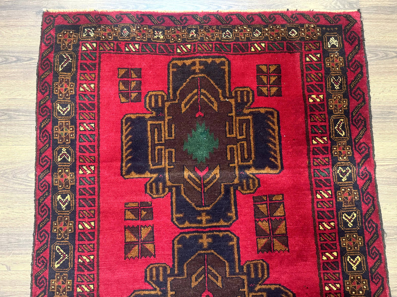 Red Afghan Balouch Rug 4x7, Triple Medallions, Handmade, New by Jewel Rugs