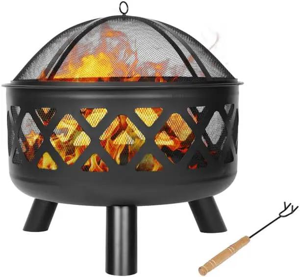 Red Mountain Valley 24'' Outdoor Wood Burning Fire Pit with Spark Screen, Fire Poker, Cover, 2-in-1 Functionality Cross-Woven Steel Fire Pits for Outside, Outdoor Fireplace for Camping,Patio,Backyard by GreenHaven Gardens