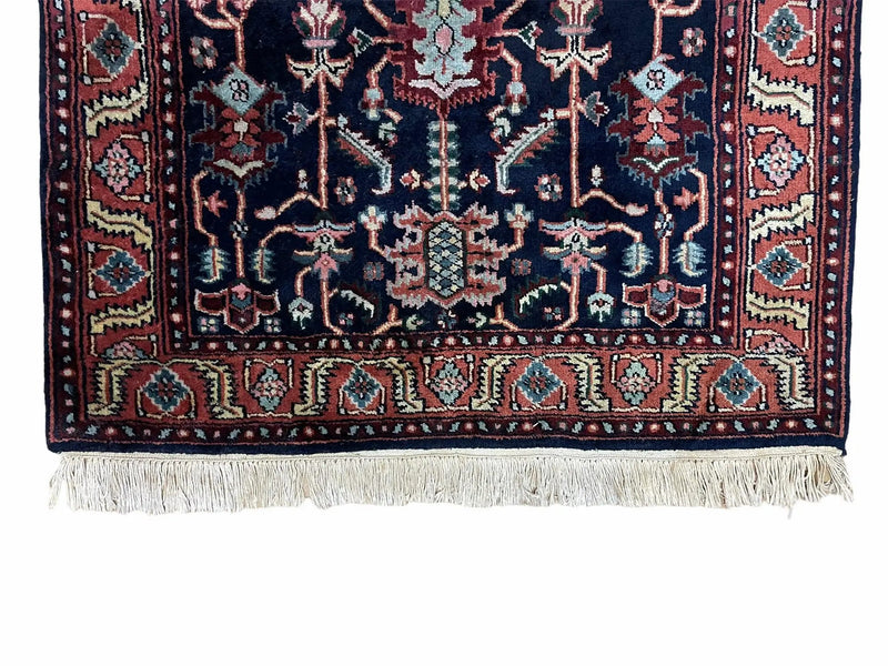 4x6 Vintage Handmade Wool Geometric Rug Organic Dyes Blue Red Hand-Knotted Rug by Jewel Rugs