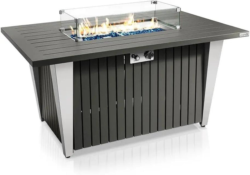 Outdoor Propane Fire Pit Table - CSA/ETL Certified 50,000 BTU Pulse Ignition Weatherproof Rectangle Propane Gas Fire Table w/Adjustable Flame - Glass Rocks Wind Guard, Black - SereneLife SLFPSX55 by GreenHaven Gardens