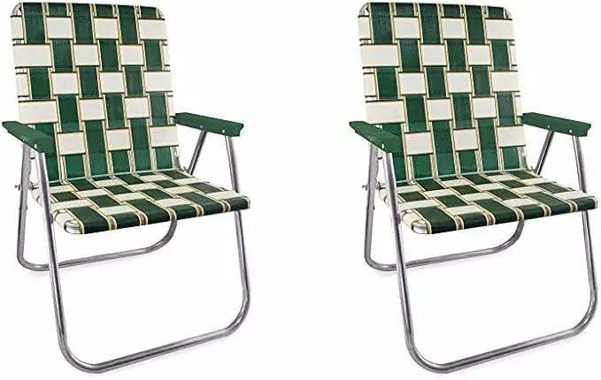 Lawn Chair USA - Outdoor Chairs for Camping. Made with Lightweight Aluminum Frames and UV-Resistant Webbing. Folds for Easy Storage 2- Pack (Charleston with Green Arms, Magnum) by GreenHaven Gardens