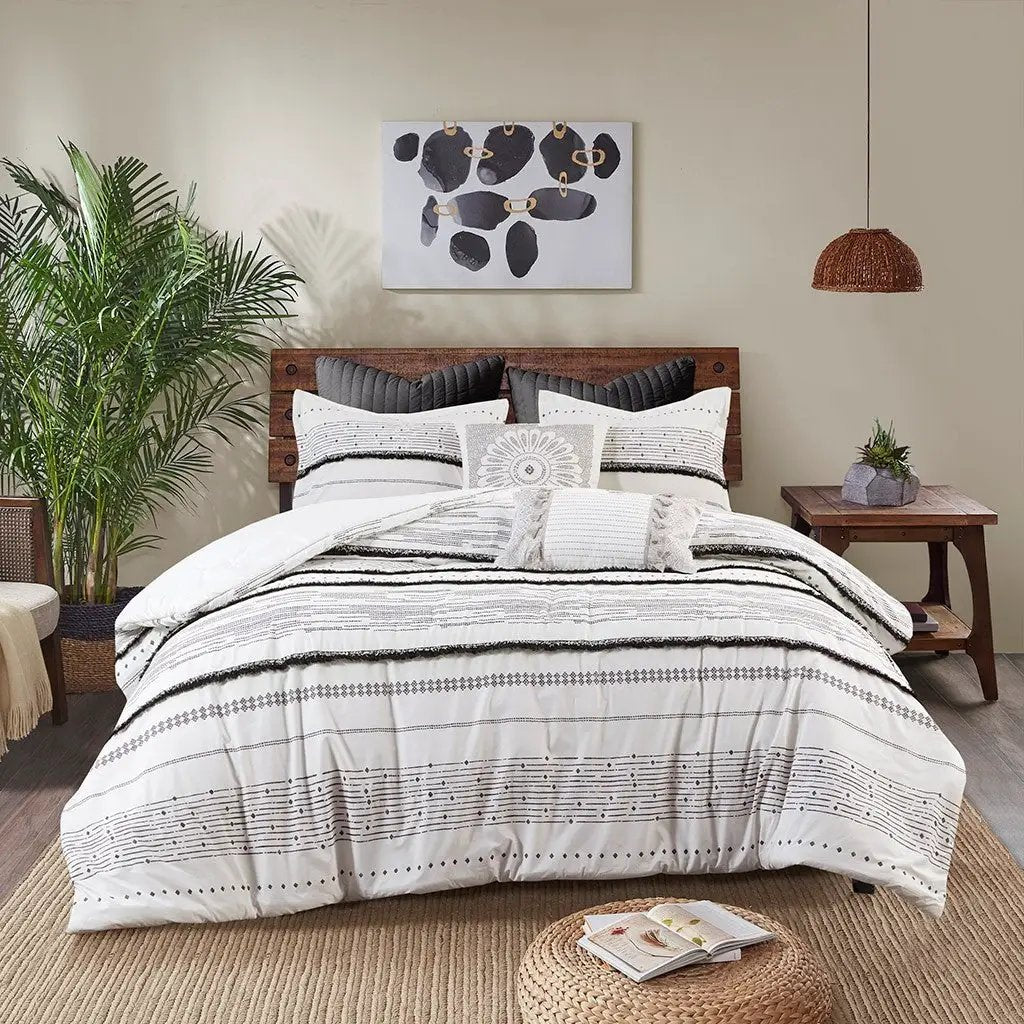 Cotton Printed Comforter Set with Trims Black/White Full/Queen by HouseOfZazla