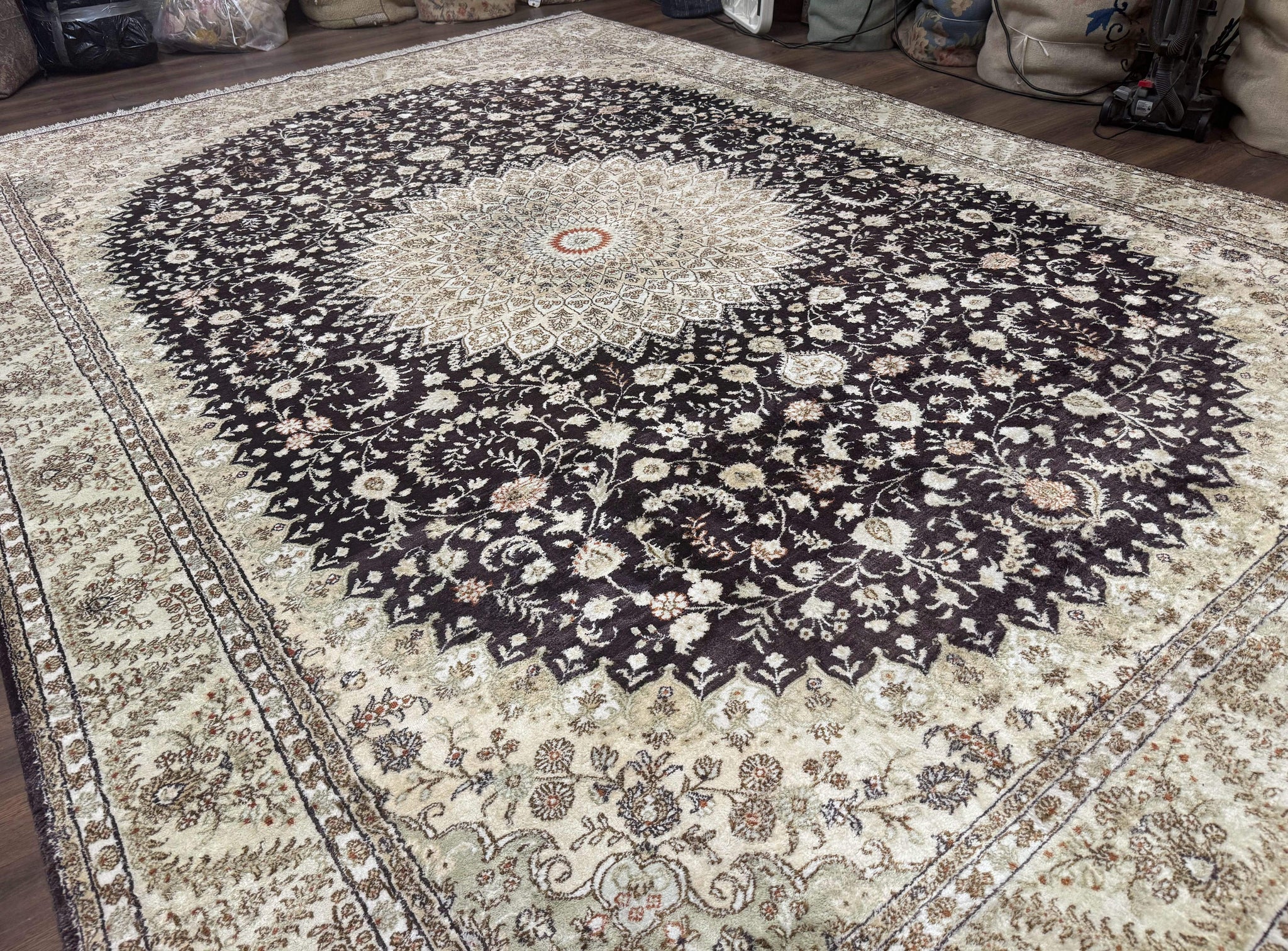 Indian Kashmiri Silk Rug 10x14, Floral Medallion by Jewel Rugs
