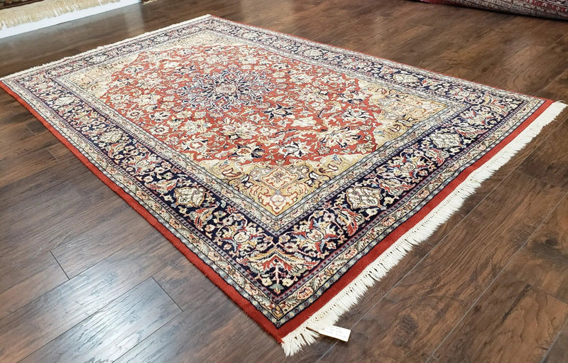 Vintage Indo Persian Oriental Rug 6 x 9.6, Wool Hand-Knotted Red Dark Blue & Gold Indian Carpet, 6 x 9 Office Room Rug, Floral Medallion by Jewel Rugs