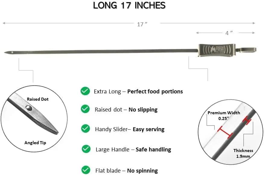 Fuego Skewers for Grilling - 17" Stainless Steel Flat Blade with Push Slider | Reusable & Dishwasher Safe | BBQ Skewers and Shish Kabob | Set of 8 by GreenHaven Gardens