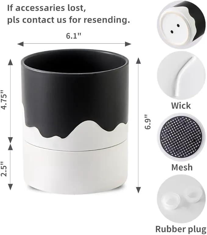 Nihow Self Watering Plant Pot: 6 Inch Ceramic Planter with Drainage Hole & Water Storage Plus for Indoor & Outdoor Plants - Cylinder Round Flower Pot for Succulent/Herbs/Violets - Black & Wave White by GreenHaven Gardens