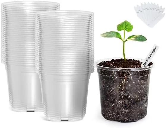 Bonviee Clear Nursery Pots for Plants, 4 Inch Plastic Seedling Pots with Drainage Holes, Planters for Indoor Plants and Small Seed Starters, High Transparency Flower Pots with 20 Plant Labels, 60 Pack by GreenHaven Gardens