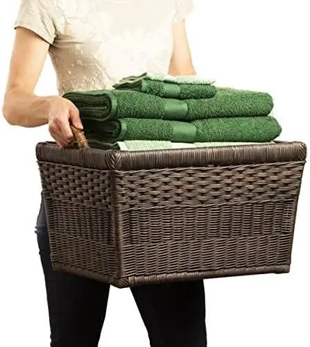 The Basket Lady Lift-Off Lid Wicker Storage Basket, Medium, 20 in L x 15 in W x 14 in H, Antique Walnut Brown by GreenHaven Gardens