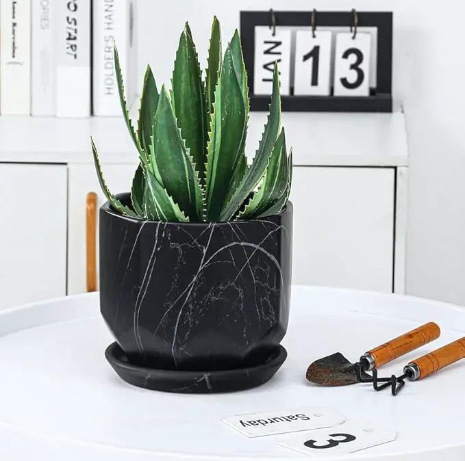 Large Marble Black Plant Pot with Drainage Holes and Saucers, Ceramic Pots for Indoor Outdoor Plants, 7 Inch Premium Hand Glazed Planters for Flower, Garden, Succulent, Nursery, Home Decor by GreenHaven Gardens
