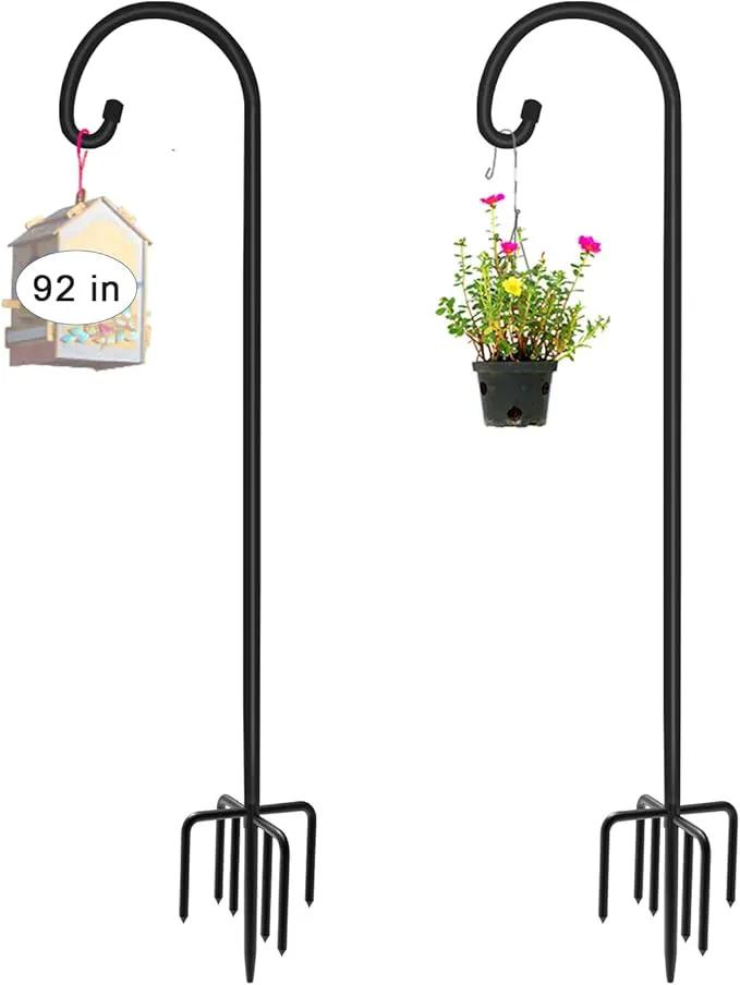 92 inch Outdoor Shepherd Hook with 5 Prong Base (2 Packs), Adjustable Heavy Duty Garden Hanging Stake for Bird Feeder Solar Light Plant Hanger Wedding Decor, Matte Black by GreenHaven Gardens