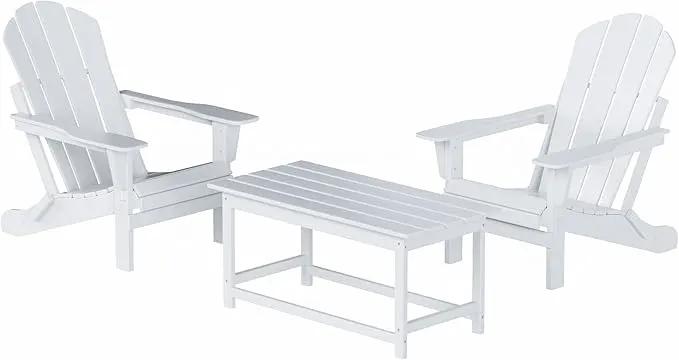 WO Home Furniture Adirondack Chairs Table Set of 3 PCS Outdoor Folding Chairs Coffee Table Weather/UV Resistant for Lawn, Garden, Bon Fire, Balcony (White) by GreenHaven Gardens