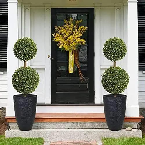 Worth Garden 21" H Tall Planters 2 Pack - 14'' Dia Resin Large Round Black Flower Pots for Outdoor Plants Trees - Imitation Stone Finish Plastic Indoor Front Porch 9 Gallon Decorative Container Patio by GreenHaven Gardens
