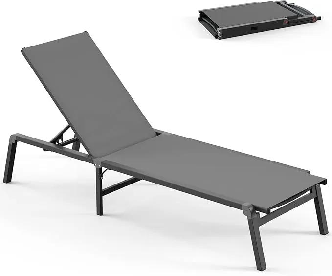 Chaise Lounge Outdoor, Foldable Aluminum Pool Lounge Chairs with 5 Positions Recliner - Free Assembly - Patio Chaise Lounge Chair for Poolside, Beach, Yard (Darkgray) by GreenHaven Gardens