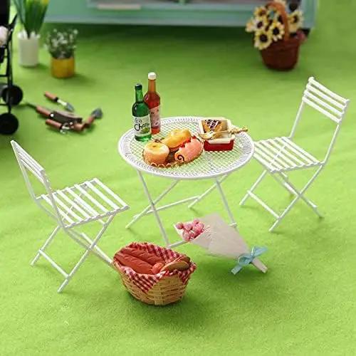 Dollhouse Miniature Bistro Table & Chairs Set Accessories Metal 1:12 Scale Miniatures White Coffee/Tea Furniture Fairy Garden Cute Rustic Elegant Decorations Ornaments (B) by GreenHaven Gardens