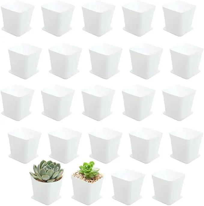 OJYUDD 3inch White Square Plastic Pots with Saucer, Drainage Hole, 24 Pcs, for Flower/Plant, Home,Company,Office and Garden(White) by GreenHaven Gardens
