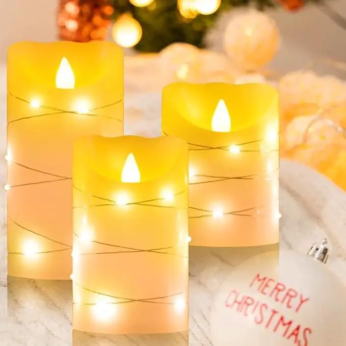 Flameless Flickering Candle, Pillar Candle,with Embedded String Lights,3 Pack LED Romantic Candle with Remote Control, Battery Operated Real Wax, Ideal for Wedding, Home decorand Holiday (Ivory) by GreenHaven Gardens
