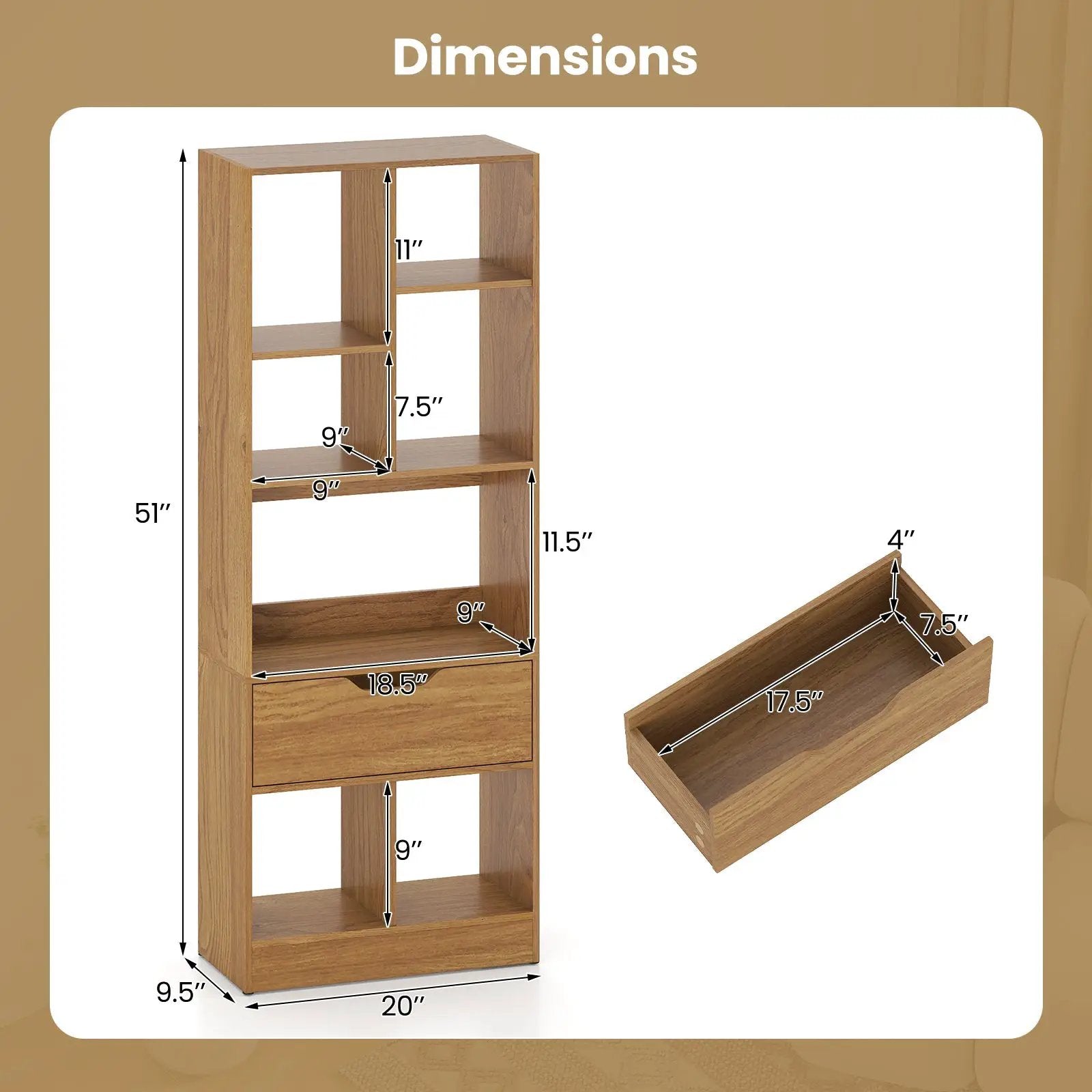51inch Tall Freestanding Bookcase with Drawer 7-Cube Storage Organizer by DirectDeals
