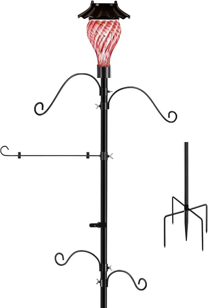 Solar Shepherds Hooks with Hand Blown Glass Lamp, Decorative RGB Lights, 4 Hooks & 1 Flag Holder, Heavy Duty Stand for Hanging Hummingbird Feeder, Bird Feeder, Plant, Garden Path Light (Red) by GreenHaven Gardens