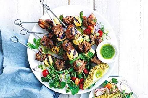 THORIUM BBQ Skewers |Shish Kebab Rotisserie Skewers for Grilling | Sharp Flat S kewers with Ring Handle for Easy Turning | Durable Stainless Steel | 12 Pieces, 35cm Long | Includes Basting Brush by GreenHaven Gardens