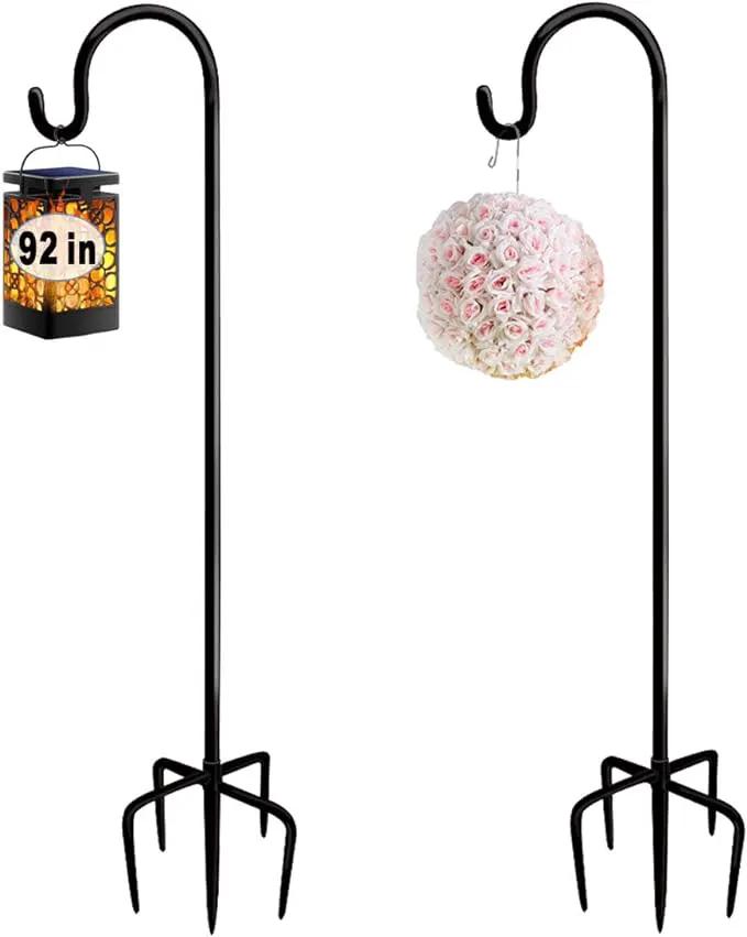 92 Inch Outdoor Shepherd Hooks with 5 Pronger Base (2 Packs), Adjustable Heavy Duty Garden Hanging Stand Holder for Bird Feeders Lanterns Planter Hanger, Matte Black by GreenHaven Gardens