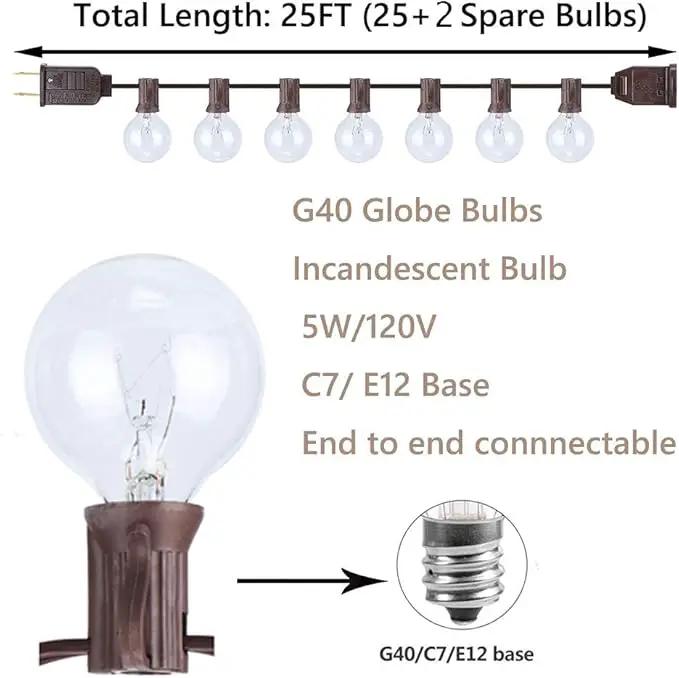 GOOTHY Outdoor String Lights, 25FT Hanging Patio Lights String with 27 G40 Clear Globe Bulbs (2 Spare), Connectable Globe String Lights for Indoor Outdoor Garden Commercial Decor, C7/E12 Base - Brown by GreenHaven Gardens