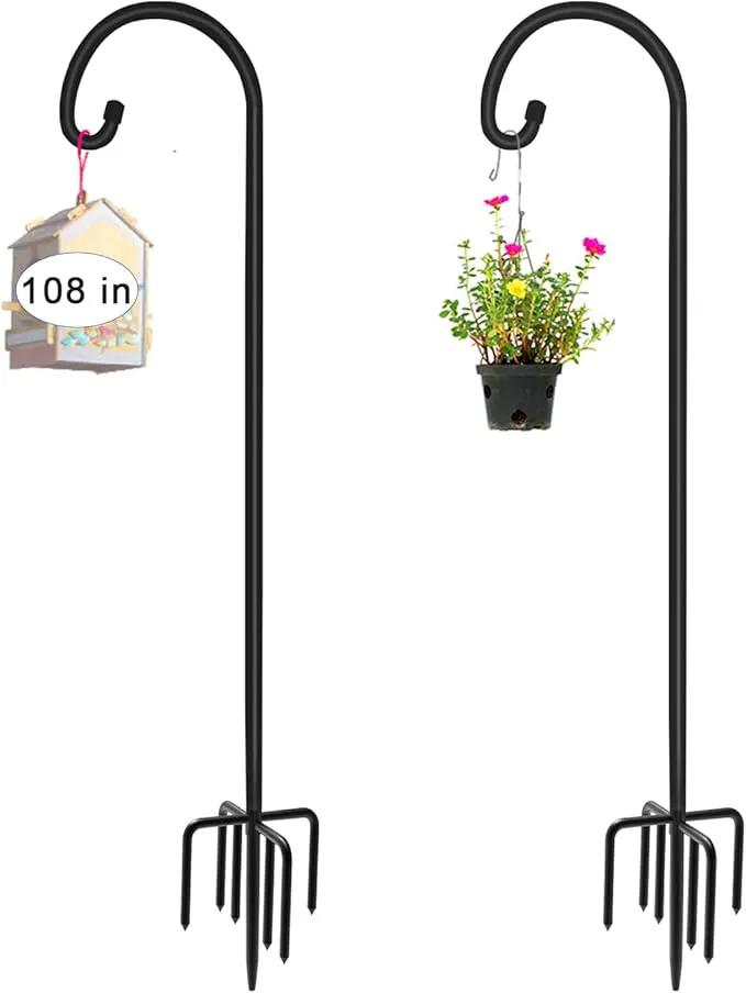 108 inch Outdoor Shepherd Hook with 5 Prong Base (2 Packs), Adjustable Heavy Duty Garden Hanging Stake for Bird Feeder Solar Light Plant Hanger Wedding Decor, Matte Black by GreenHaven Gardens