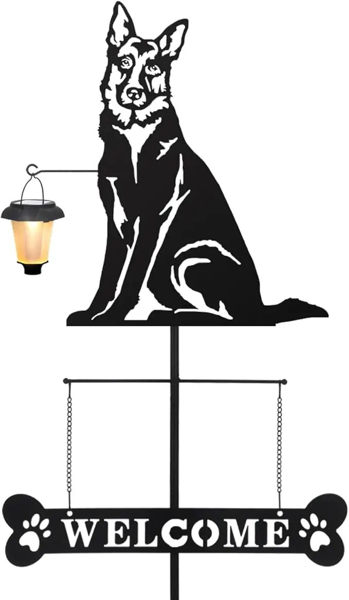 BAYN Solar German Shepherd Silhouette Dog Breed Welcome Sign with a Lantern Outdoor Decorative Garden Stakes for Yard, Lawn, Patio, Pathway by GreenHaven Gardens