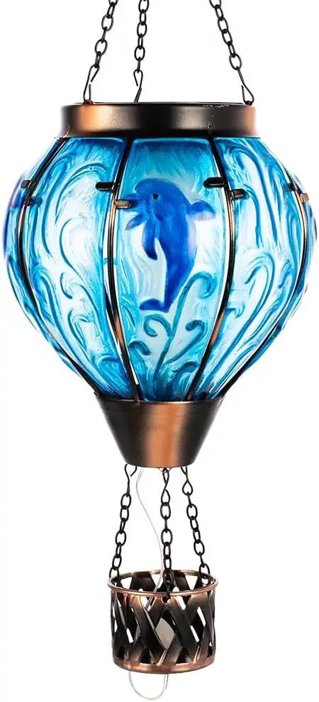 Blue Dolphin Hot Air Balloon Solar Lantern with Flame Flickering Light LED Glass Hanging Solar Lanterns Outdoor Waterproof Hot Air Balloon Decor for Patio Yard Garden Mother Day Gift for Women by GreenHaven Gardens