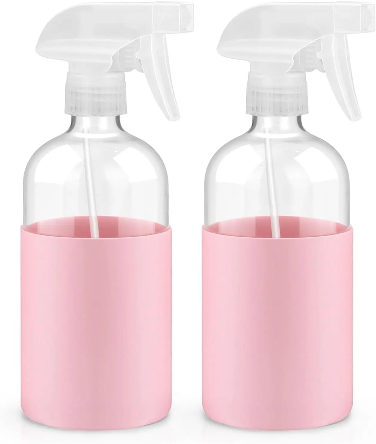 2 Pack Glass Spray Bottles with Long Silicone Sleeve, 16 oz Empty Refillable Containers with Adjustable Spray Nozzles, Spray Bottles for Hair, Cleaning Solutions and Plants Pink by GreenHaven Gardens