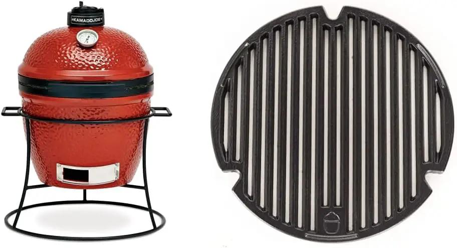 Kamado Joe KJ13RH Joe Jr. 13.5 inch Portable Charcoal Grill with Cast Iron Cart and Heat Deflectors, Blaze Red and Kamado Joe KJ15090620 Cast Iron Sear Plate by GreenHaven Gardens