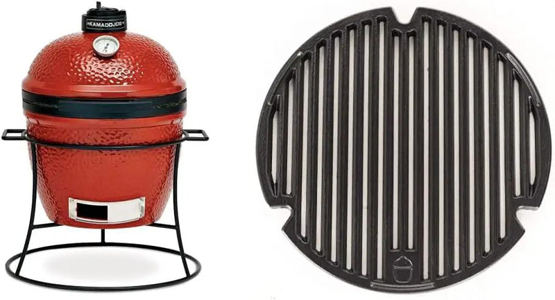 Kamado Joe KJ13RH Joe Jr. 13.5 inch Portable Charcoal Grill with Cast Iron Cart and Heat Deflectors, Blaze Red and Kamado Joe KJ15090620 Cast Iron Sear Plate by GreenHaven Gardens