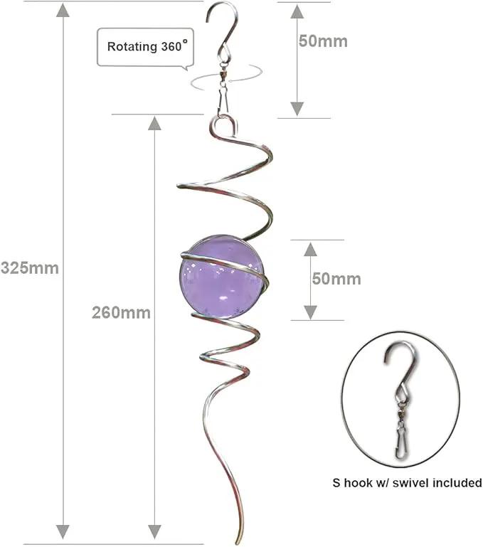 Fonmy Purple Gazing Ball Spiral Tail Wind Spinner Stabilizer with Swivel Hook 11inch Stainless Steel Tail and 2 inch Purple Glass Orb. Indoor Outdoor Garden Decoration Hanging Ornaments by GreenHaven Gardens