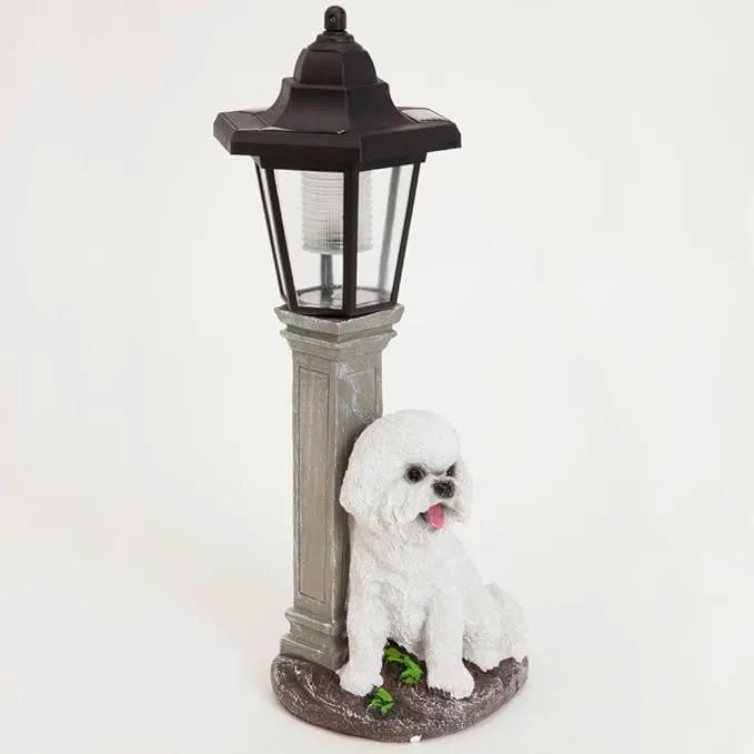 Bits and Pieces-Solar Bichon Lantern-Solar Powered Garden Lantern - Resin Dog Sculpture with LED Light by GreenHaven Gardens