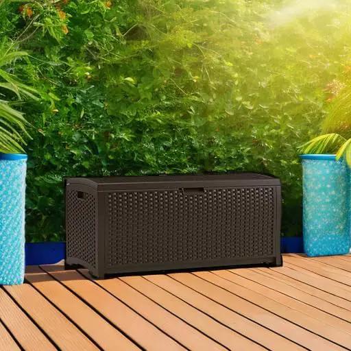 Suncast Outdoor Storage Box - 73 Gallon Mocha Brown Deck Box for Patio, Waterproof Outdoor Storage Bench, Resin Wicker Style, Heavy-Duty, Lockable Lid for Cushions, Shoes, Pool & Garden Gear by GreenHaven Gardens