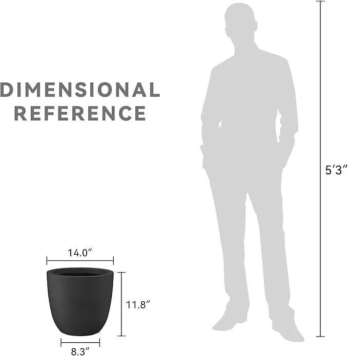 Kante 14 Inch Dia Round Concrete Planter, Indoor Outdoor Large Plant Pot with Drainage Hole and Rubber Plug for Home Patio Garden, Black by GreenHaven Gardens