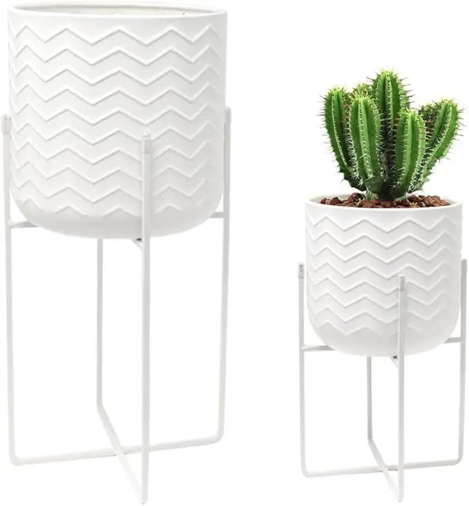 TRIROCKS Set of 2 Planters with Stand Indoor Outdoor Metal Plant Stand 18 &12" Tall Modern Planters Flower Pots for Living Room Corner Kitchen Office Garden Balcony Patio Decor(White) by GreenHaven Gardens