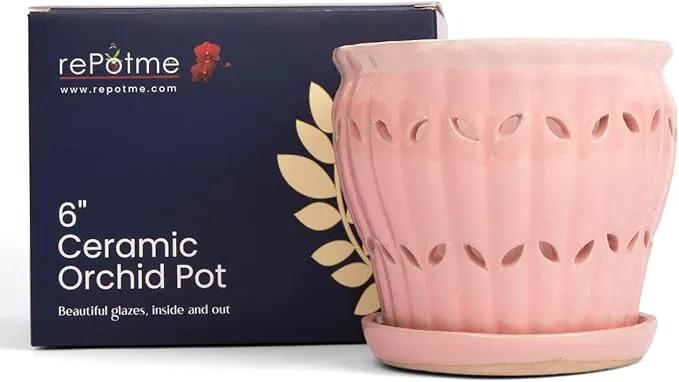 rePotme 6 inch Pinwheel Fluted Ceramic Plant Pot (Cream Over Cotton Candy) - Includes Free 6 inch Slotted Pot Liner - Great for Orchids, Succulents, and All Indoor Plants by GreenHaven Gardens