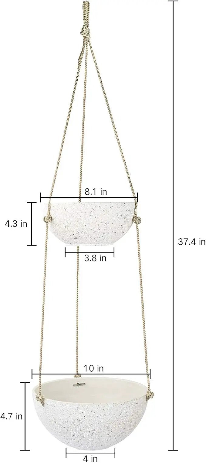 LA JOLIE MUSE 2 Tier Hanging Planters for Indoor & Outdoor Plants - Modern Flower Pots with Rope, Garden Planters with Drain Holes, Speckled White by GreenHaven Gardens