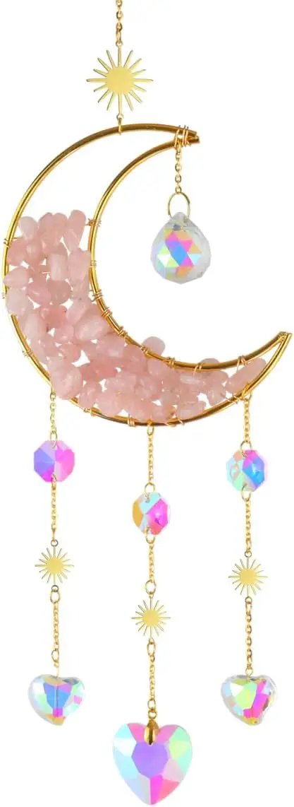 Crystal Suncatcher Hanging Moon Sun Light Catcher with Glass Prisms for Window Natural Pink Crystal Decor Home Indoor Making Rainbows by GreenHaven Gardens
