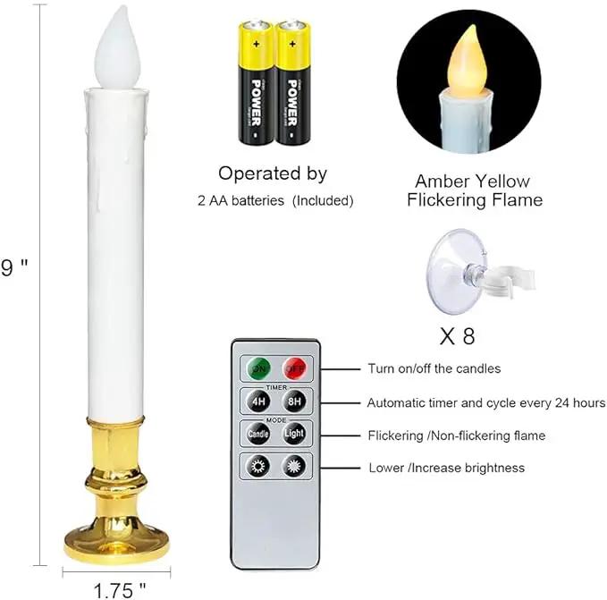DRomance 9" Flameless Window Taper Candles Battery Operated with 8-Key Remote and Timer, 8 Pack White Christmas Holdiay Window Candles with Gold Holders, Suction Cups and AA Batteries Included by GreenHaven Gardens