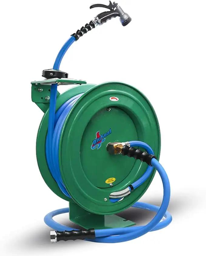 Auto Retractable Water Hose Reel with Hot & Cold Water Rubber Garden Hose, Spray Nozzle - Ultra Light, Super Strong with 6' Lead-in Hose (5/8” x 50’ Green) by GreenHaven Gardens