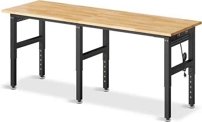 84” Adjustable Height Workbench, 5000 LBS Heavy Duty Table Rubber Wood Workstation with Power Outlet & Pegboard for Garage, Office, Workshop, Home,Commercial by GreenHaven Gardens